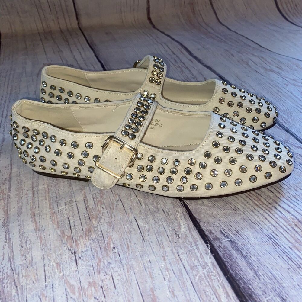 Camila Coelho Womens 7.5 Princess Mary Jane Flats Cream Studded Rhinestone